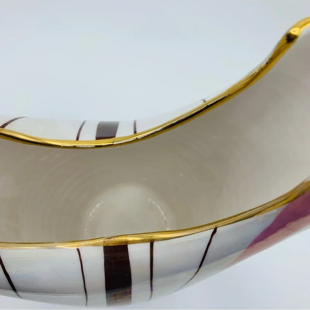 Vintage MCM Italian Iridescent Striped Vase with Gold Trim – 8.5”